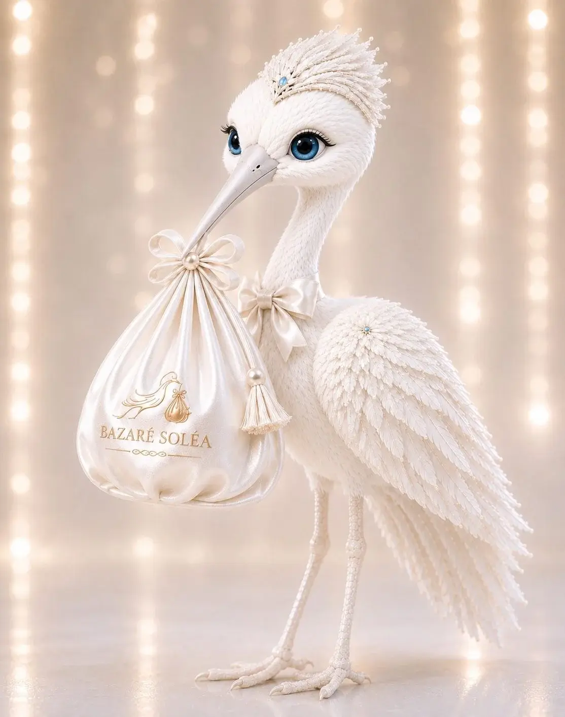 A soft white stork keepsake carrying a Bazaré Soléa gift pouch