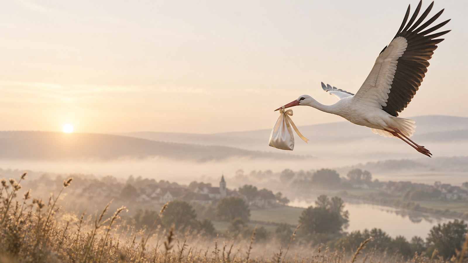 A white stork flying at dawn over a misted river valley, carrying a small bundle by ribbon
